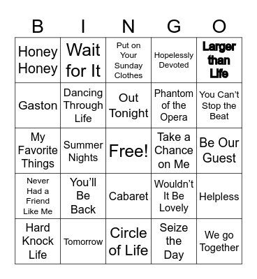 Broadway Musical Bingo Card