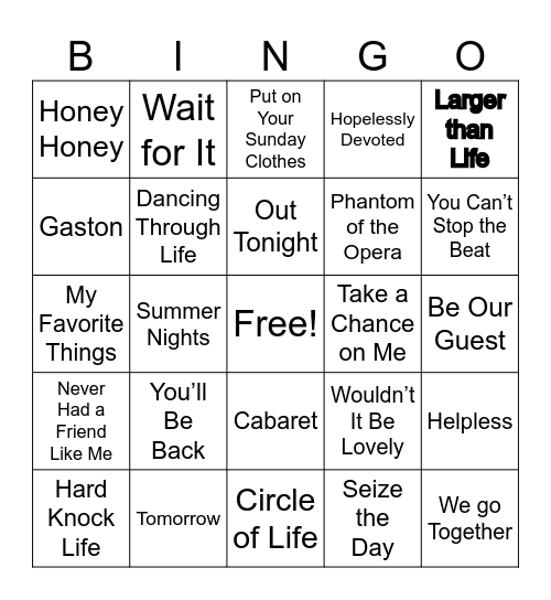 Broadway Musical Bingo Card