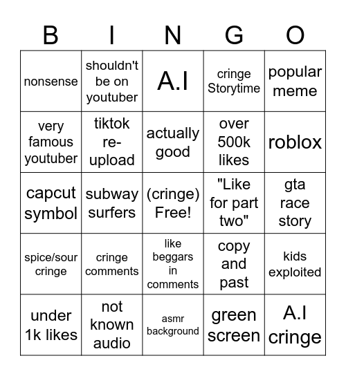 Youtube Shorts Bingo Card