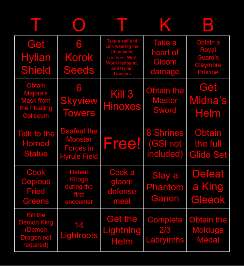 Tears of the Kingdom Bingo Card