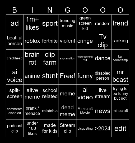 shorts Bingo Card