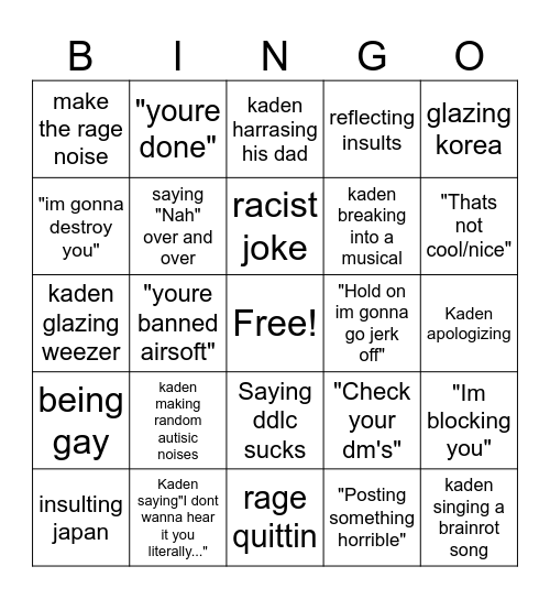 Kaden bingo Card