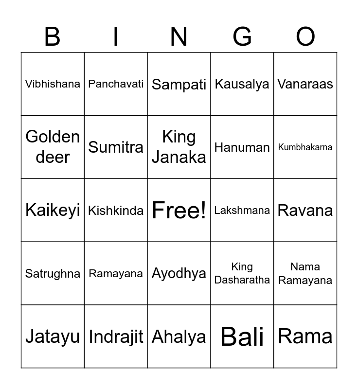 Ramayana Bingo Card