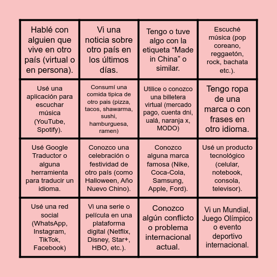 Bingo de la globalización Bingo Card