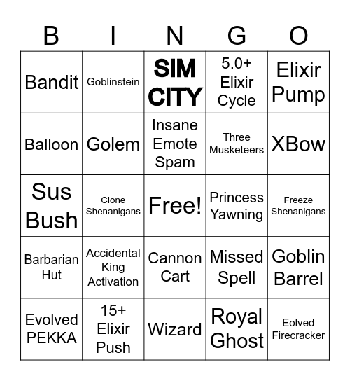 Clash Royale 2v2 Bingo Card