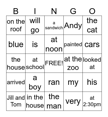 English Grammar Bingo Card