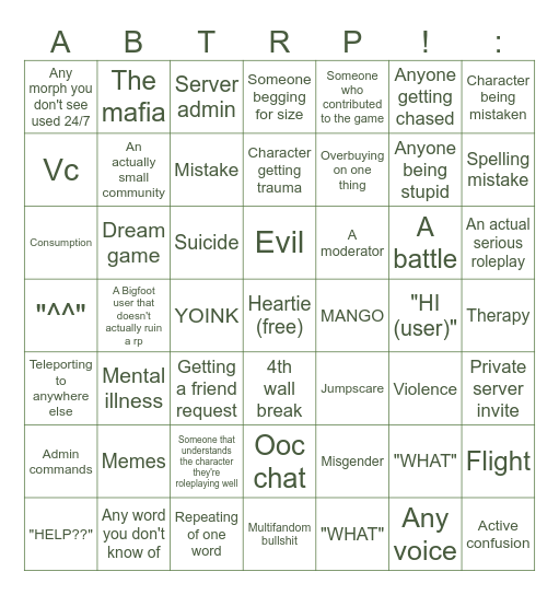 For abtrp (PRIVATE) Bingo Card
