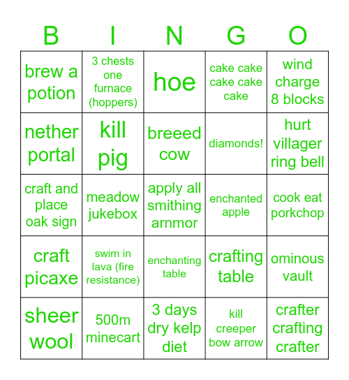 Minecraft items Bingo Card