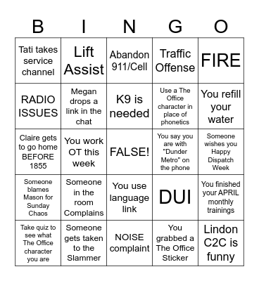 DUNDER METRO'S DISPATCH WEEK! Bingo Card