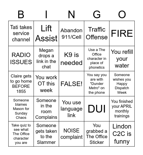 DUNDER METRO'S DISPATCH WEEK! Bingo Card