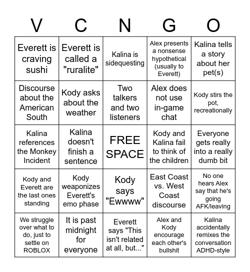 VC Bingo 2 Bingo Card