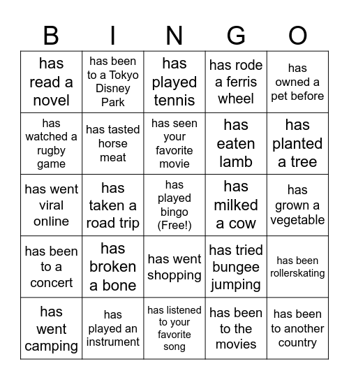 Have You Ever....Played Bingo? Bingo Card