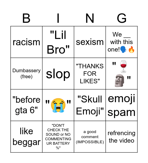 yt shorts comments bingo Card