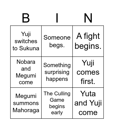 Culling Game Bingo Card