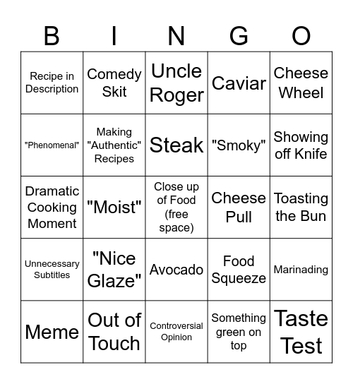 Youtube Chef Bingo Card