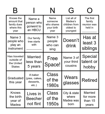 Harris Family Bingo 2025 Bingo Card