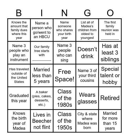 Harris Family Bingo 2025 Bingo Card