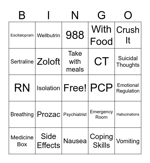Psychiatric Medication Education Bingo Card