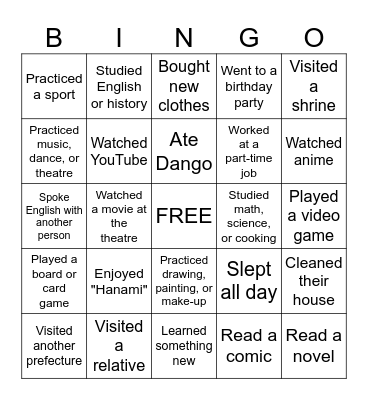 Spring Break Bingo Card