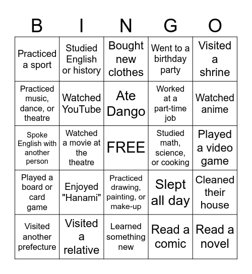 Spring Break Bingo Card