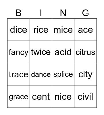 C phonics Bingo Card