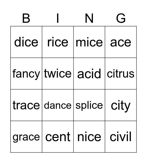 C phonics Bingo Card