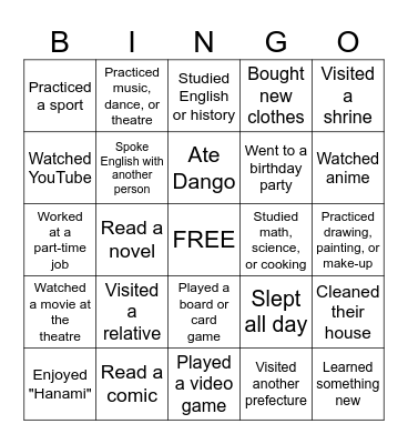 Spring Break Bingo Card