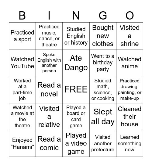 Spring Break Bingo Card
