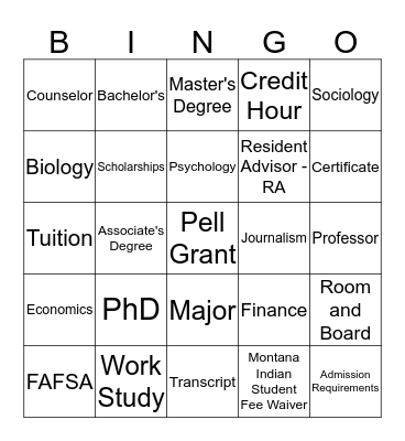 College Bingo Card