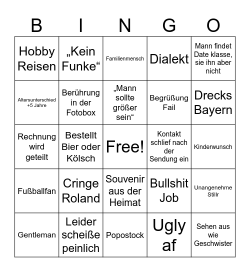 First Dates Bingo Card