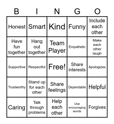 Friendship Qualities Bingo Card