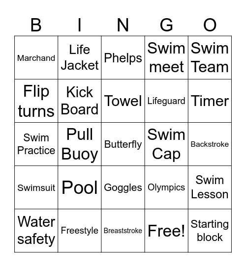 SWIMMING Bingo Card
