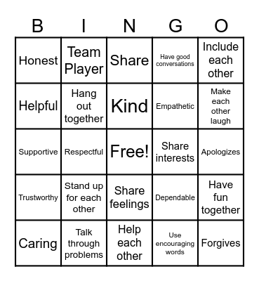 Friendship Qualities Bingo Card