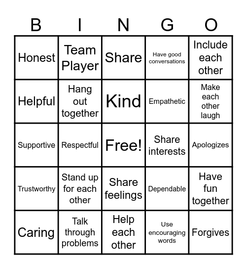 Friendship Qualities Bingo Card