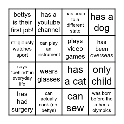 BETTYS BINGO! Bingo Card
