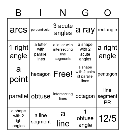 Geometry Bingo Card