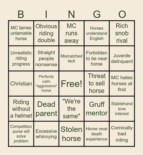 Horse Movie Bingo Card