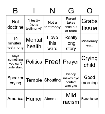Fast testimony meeting in MT Bingo Card