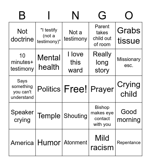Fast testimony meeting in MT Bingo Card