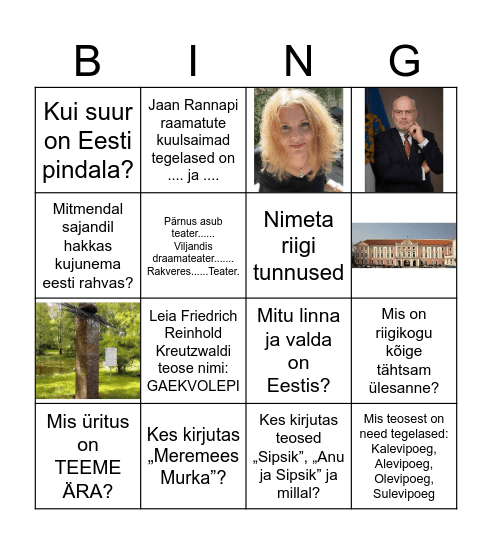 6.klassi kirjandus ja ühiskonnaõpetus Bingo Card