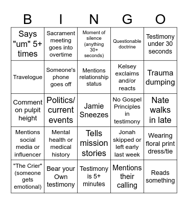Geriatric YSA Bingo Card