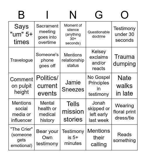 Geriatric YSA Bingo Card
