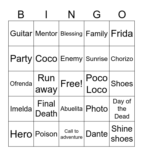 Coco and the Hero's Journey Bingo Card