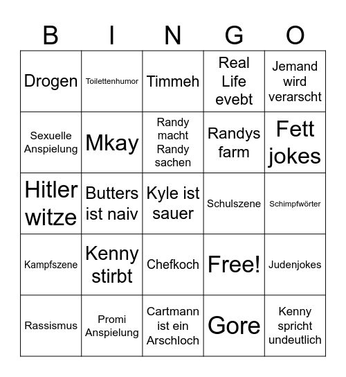South Park Bingo Card
