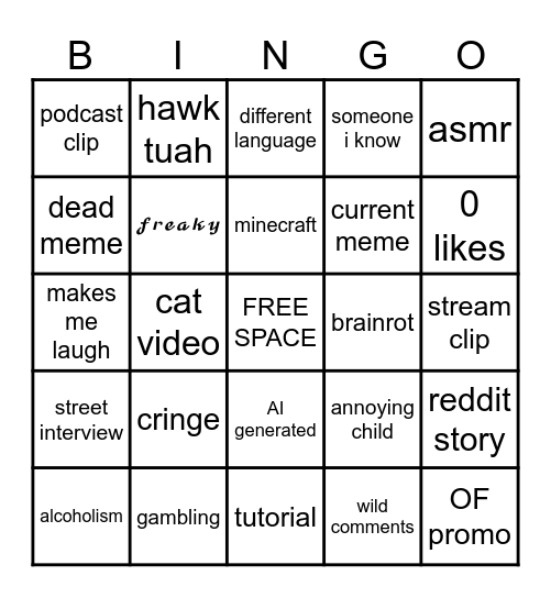 reels Bingo Card