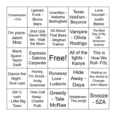 Pop Music Bingo Card