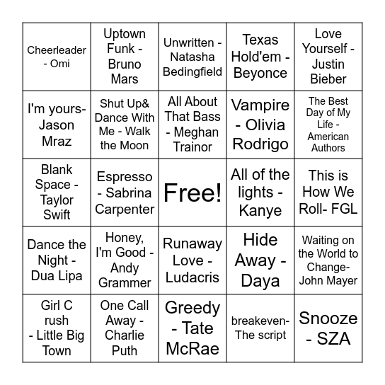 Pop Music Bingo Card