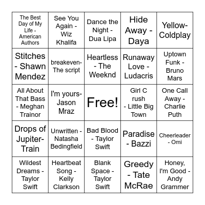 Pop Music Bingo Card
