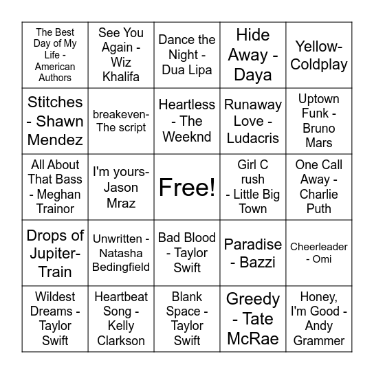 Pop Music Bingo Card