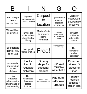 Sustainability Club Bingo Card